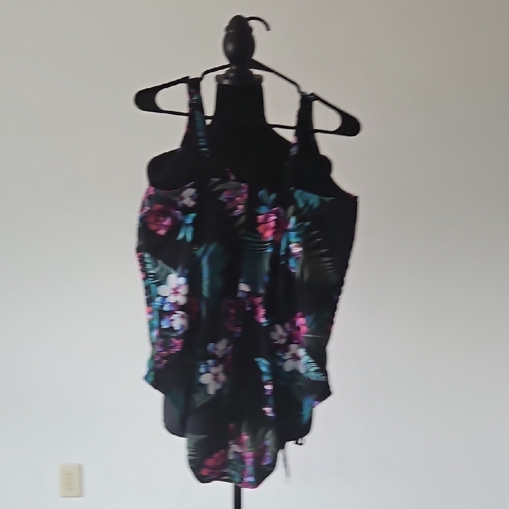 Aqua Green Floral One Piece Swimsuit - Black and Pink - Picture 8 of 14